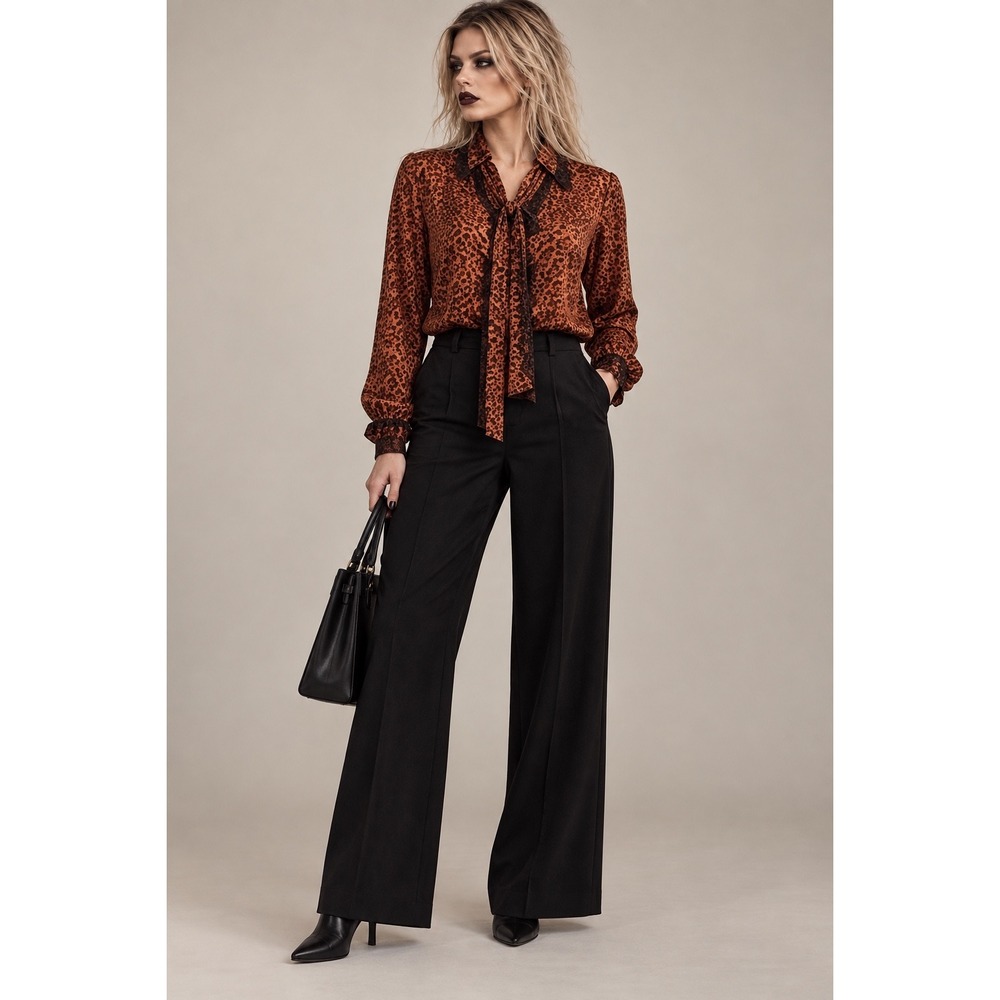 Dennis Basso 22W Rust Leopard Tie Neck Blouse Office Goth